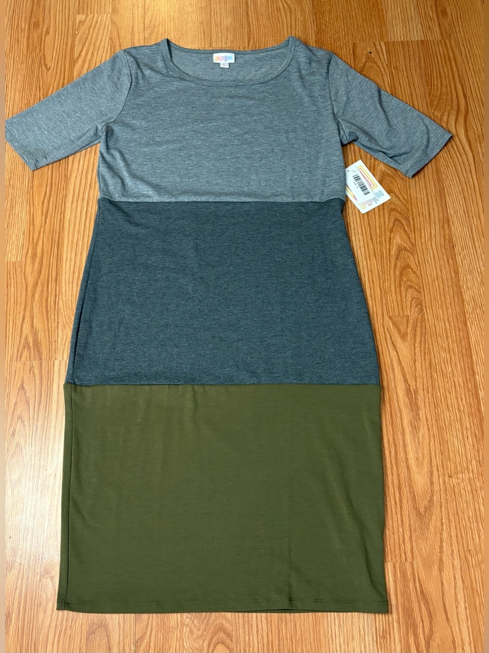 LuLaRoe Three-Tone Midi Dress in Gray, Charcoal & Olive